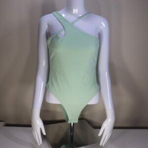 Shein Pastel Mint Vertical Ribbed Asymmetrical Neck Strappy Bodysuit, Large